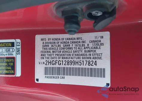 2009 Honda Civic Ex from USA, damaged, VIN 2HGFG12899H517824